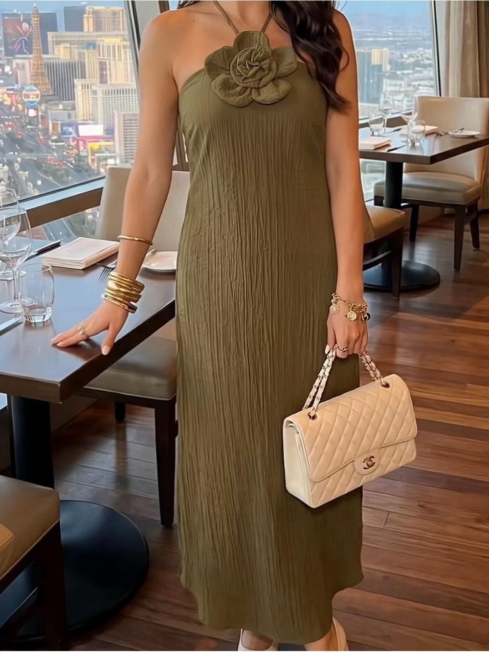 Halter Midi Dress with Floral Accent in Olive XL